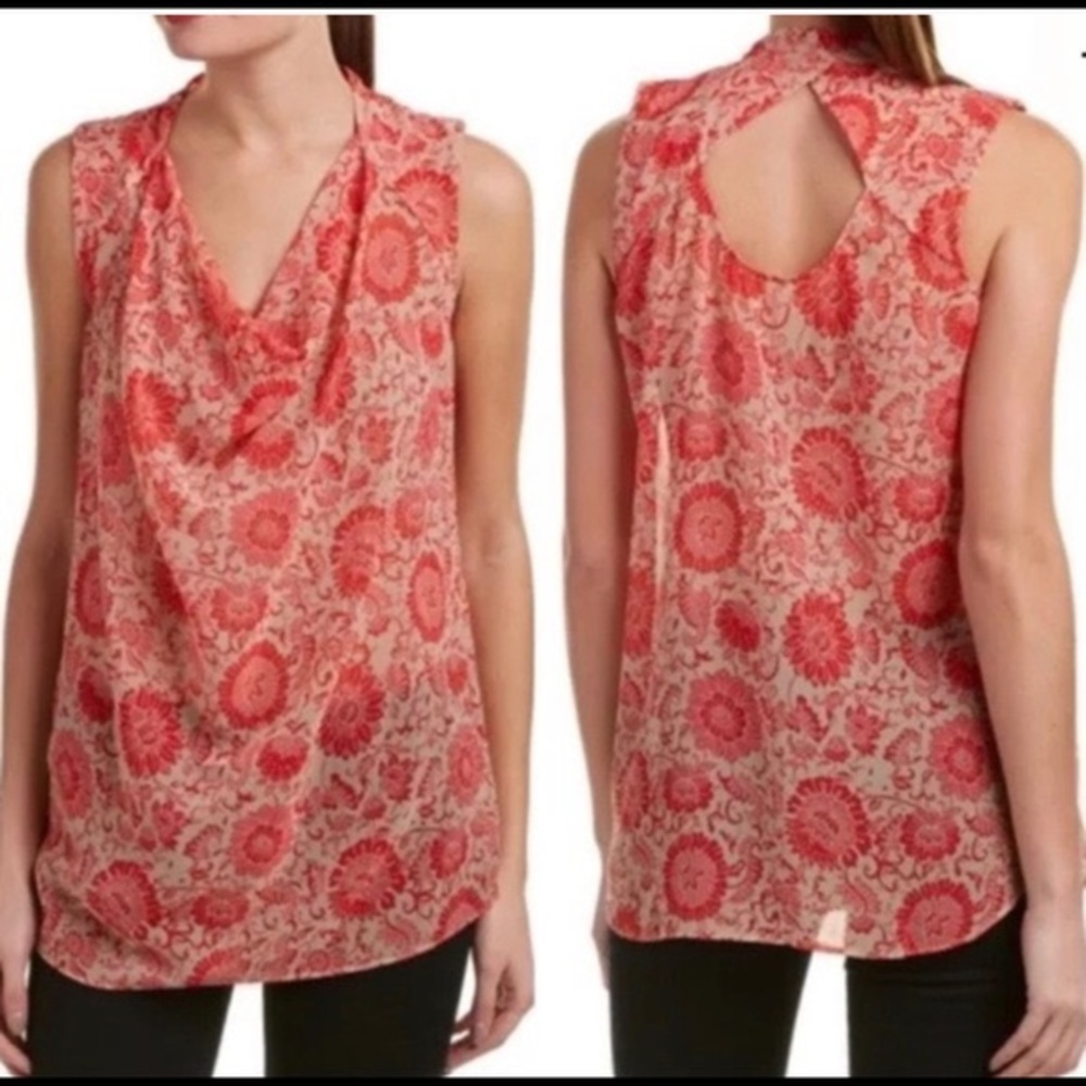 CAbi Vita Pink Floral Draped Keyhole Blouse